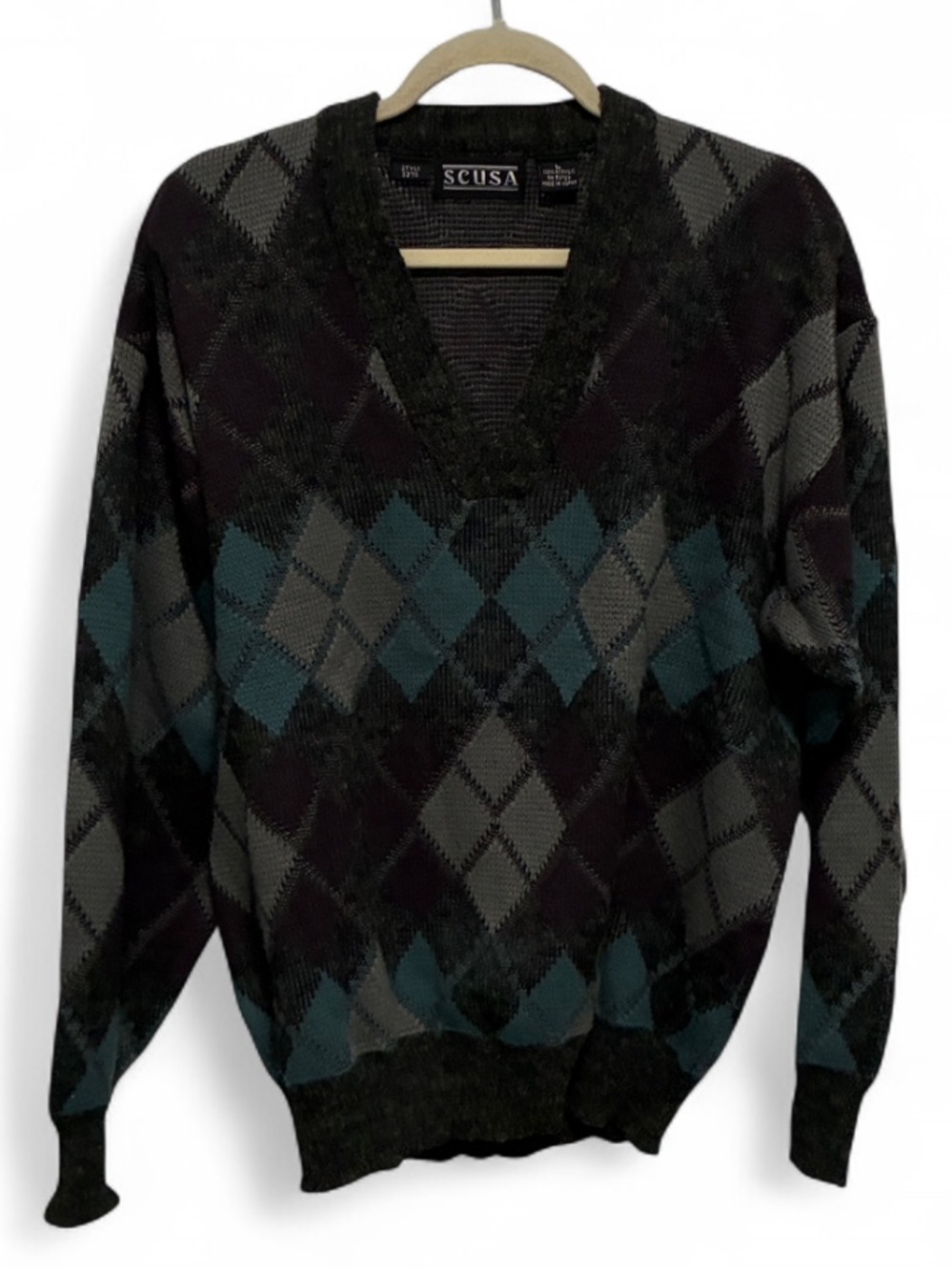 Vintage Teal and Charcoal Argyle V-Neck Sweater